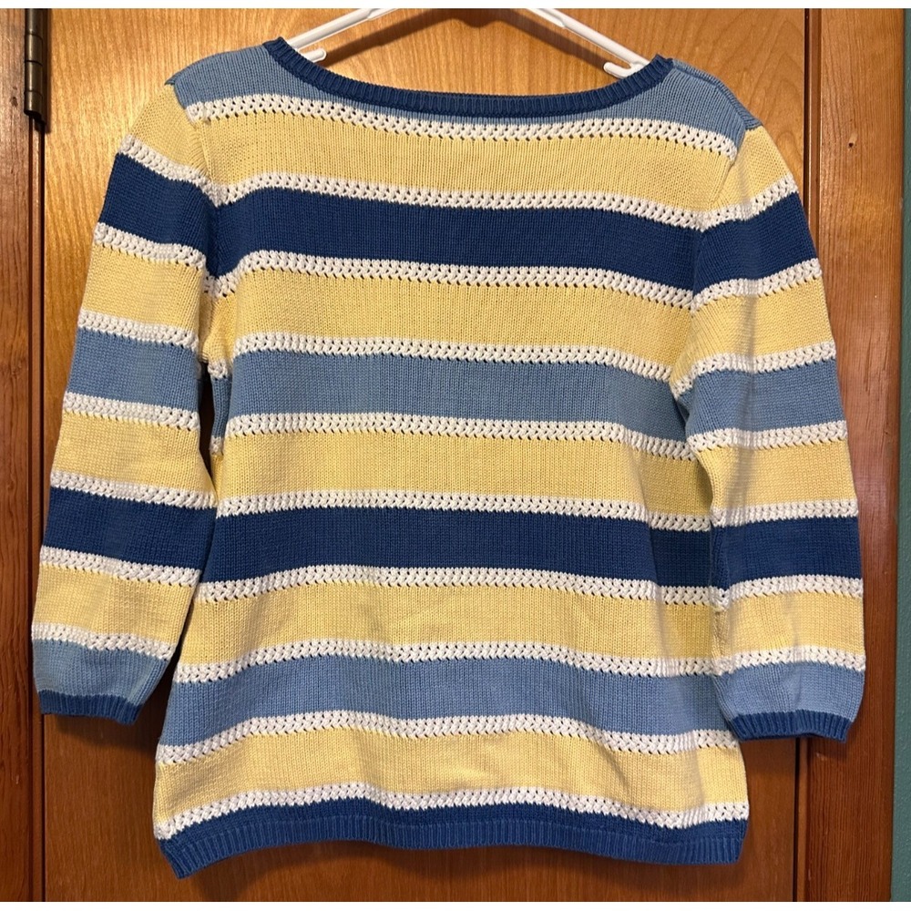 Talbots Petite Blue Yellow Striped 3/4 Sleeves Sweater 100% Cotton Size PS